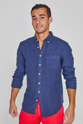 BARCLAY – Men’s Long Sleeve Linen Shirt – Straight Fit – Navy Blue